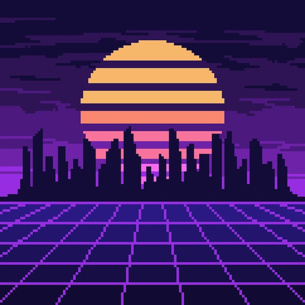 Vector pixel synthwave paarse mesh met nachtelijke stad en zon achtergrond