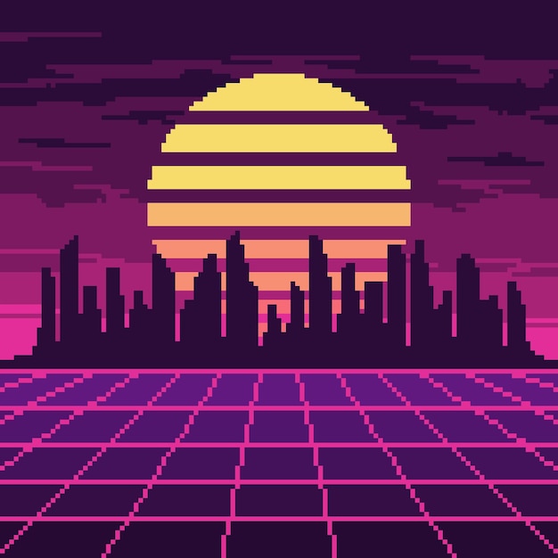 Vector pixel synthwave purple mesh with city and sun background