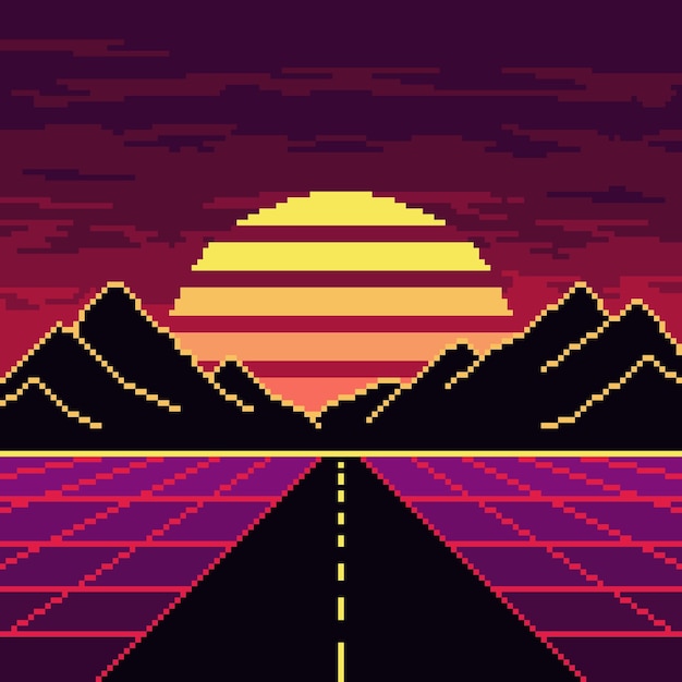 Vector pixel synthwave purple road with mountains and sun background