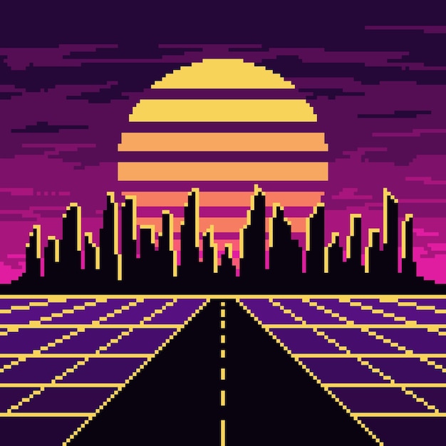 Vector pixel synthwave road with city and sun background