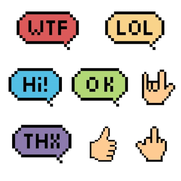 Pixel tekstballonnen Woorden en handteken korrelige tekstballonset