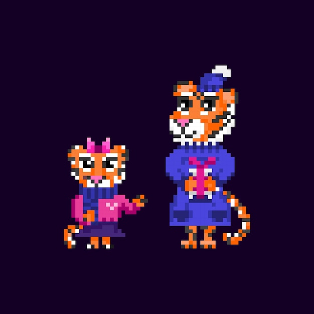 Pixel tigre su sfondo scuro simpatiche tigri in abiti divertenti capodanno symbolvector