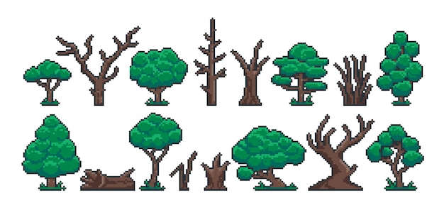 Vector pixel tree trunk retro 8 bit video game sprite asset green trees old dry stump trunk and log game interface objects vector isolated set