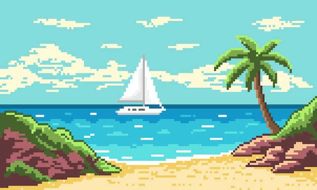 Vector pixel tropical beach with white sailboat on waves background