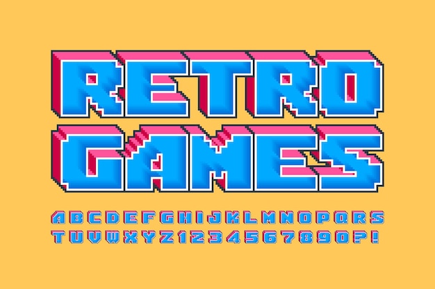 Pixel vector alfabet ontwerp gestileerd als in 8bit games Hoog contrast en scherpe retrofuturistische