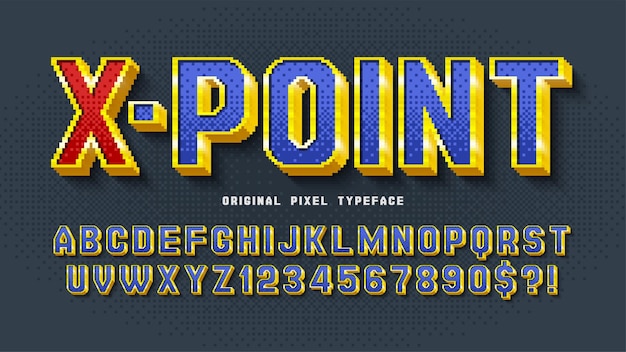 Pixel vector alphabet design, stylized like in 8-bit games. high contrast, retro-futuristic. easy swatch color control.