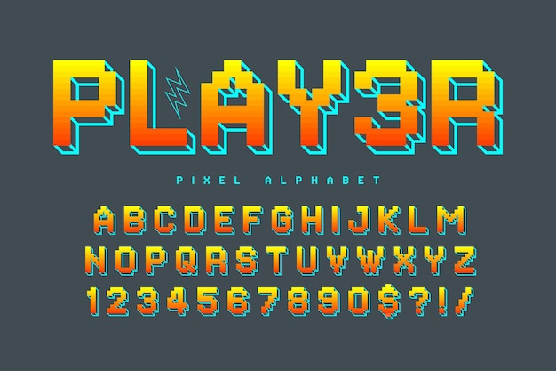 Design dell'alfabeto vettoriale pixel, stilizzato come nei giochi a 8 bit. contrasto elevato e nitido, retro-futuristico. facile controllo del colore del campione. effetto ridimensionamento. Vettore Premium