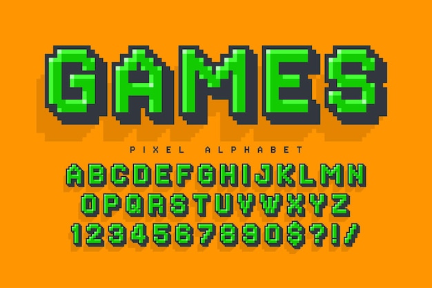 Pixel vector alphabet design, stylized like in 8-bit games. high contrast and sharp, retro-futuristic. easy swatch color control. resize effect.