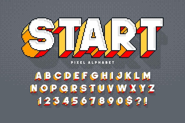 Pixel design alfabeto vettoriale, stilizzato come nei giochi a 8 bit