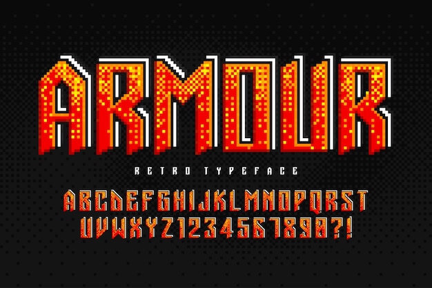 Pixel vector alphabet design stylized like in 8bit games High contrast and sharp epical style Easy swatch color control Resize effect