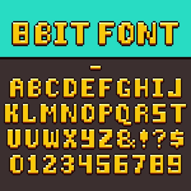 Pixel videogioco divertente alfabeto e numeri. carattere vettoriale di gioco oldschool pixel a 8 bit.