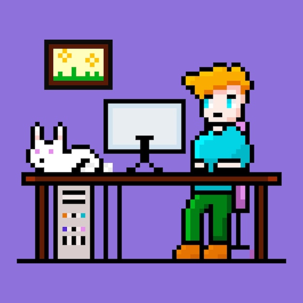 Pixel werkt aan pc-personage, schattig konijn op bureau