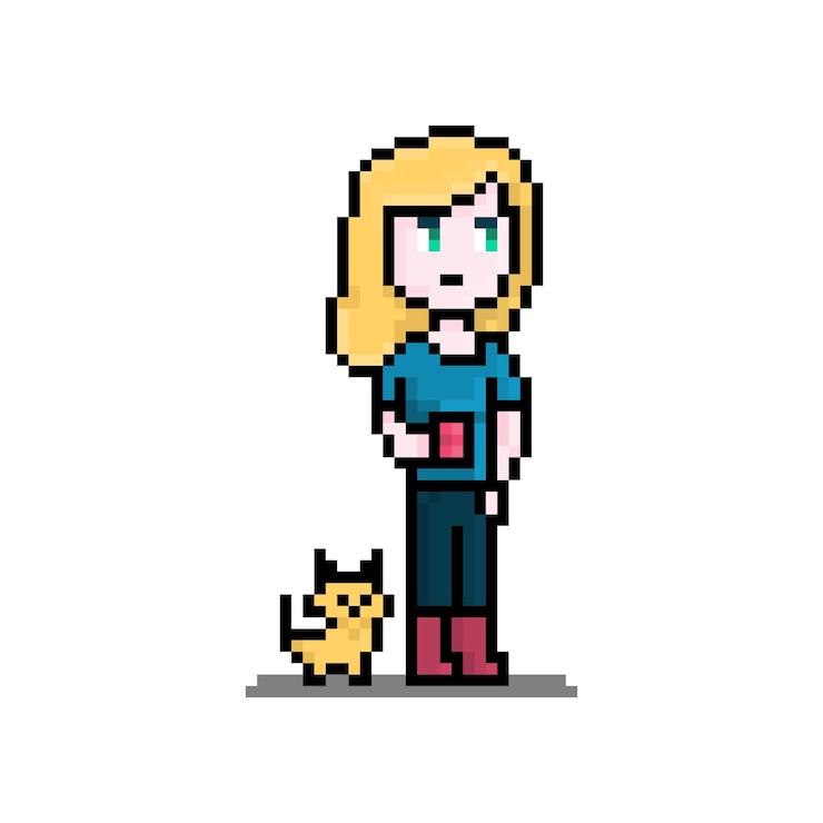 Vector pixel woman with cup of tea and pet cat female character