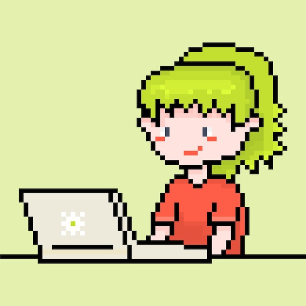 Pixel young girl working on laptop