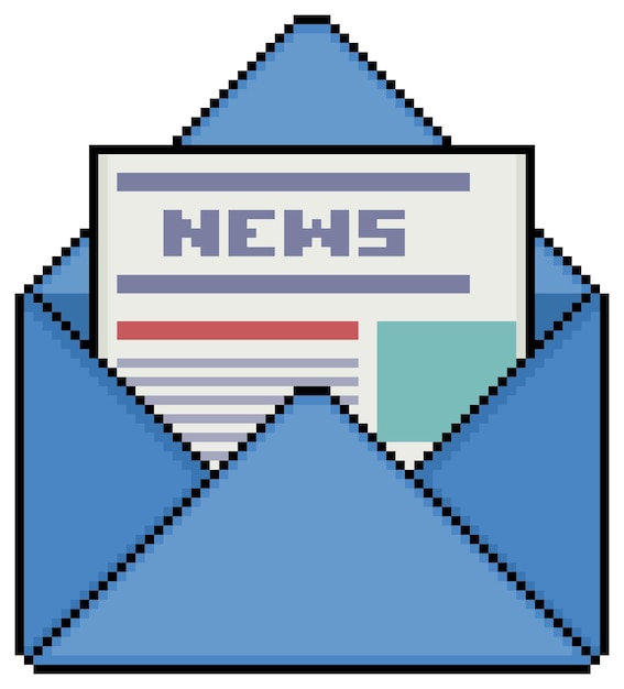 Pixelart-envelop met krantenvectorpictogram voor 8-bits spel op witte achtergrond