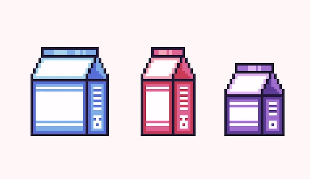 Pixelart-set voor melkverpakkingen. Juice card box collectie. Lege kartonnen 8 bit sprite.