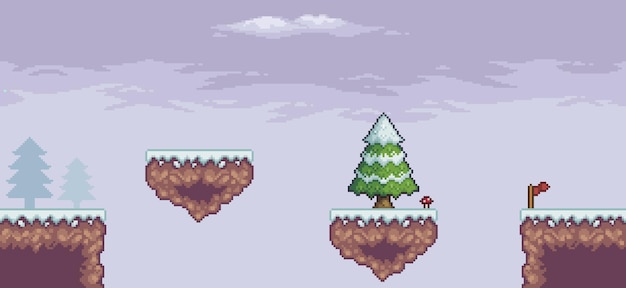 Pixelart-spelscène in sneeuw met drijvend platform dennenbomen wolken en 8bit