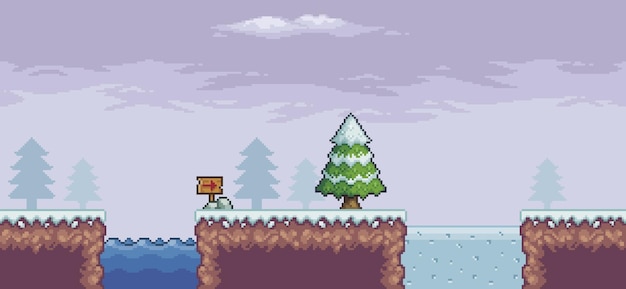 Pixelart-spelscène in sneeuw met pijnbomen, bevroren meer, wolken, indicatieve pijl 8-bits achtergrond