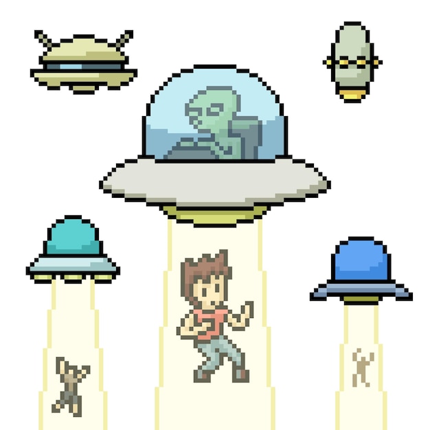 Pixelart van ufo die mens zuigt