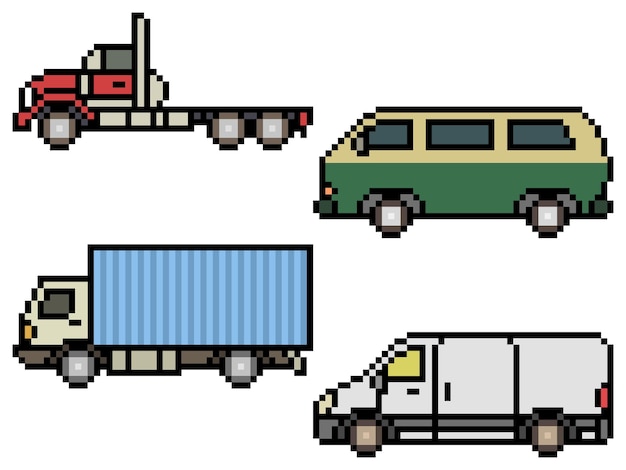 Pixelart van zijaanzicht van vrachtwagens en bestelwagens