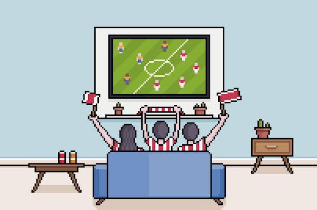 Pixelart Zuid-Koreaanse fans kijken naar WK voetbal in de woonkamer 8bit game-achtergrond