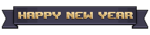 Pixelart zwart lint met gelukkig nieuwjaar, banner met gelukkig nieuwjaar vectorpictogram voor 8bit-game