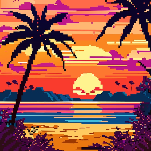 A pixelated beach scene with a vibrant orange and pink sunset silhouetted palm trees swaying in the