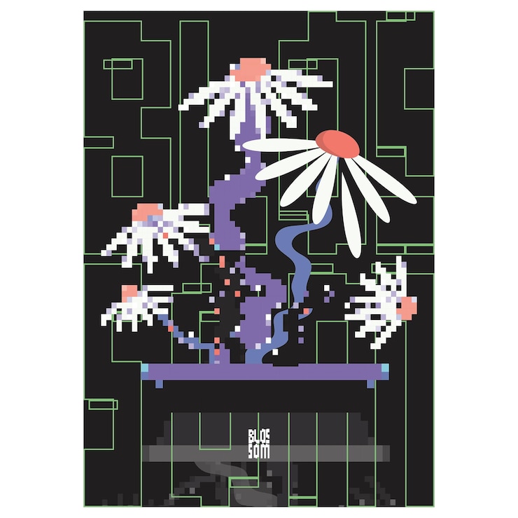 Vector pixelated blossom mosaic poster