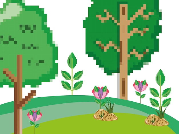 Pixelated forest scenery
