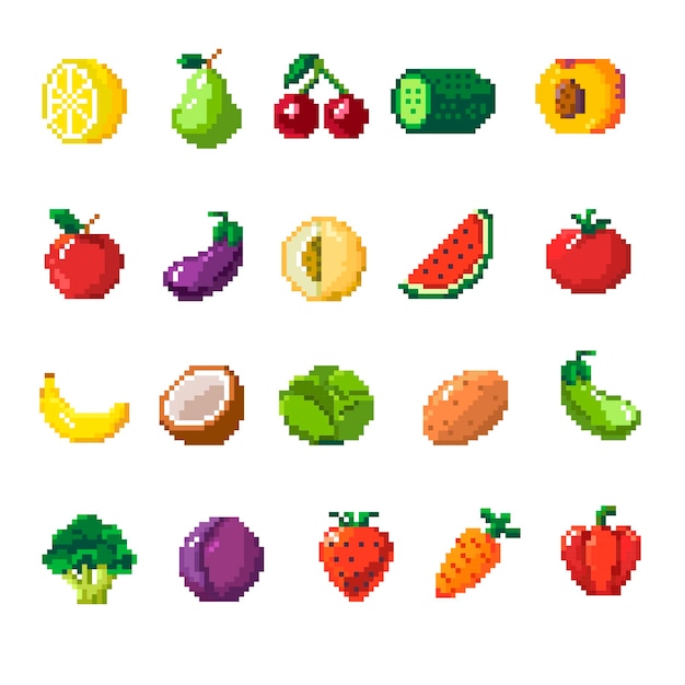 Pixelated fruits and vegetables veggies vector