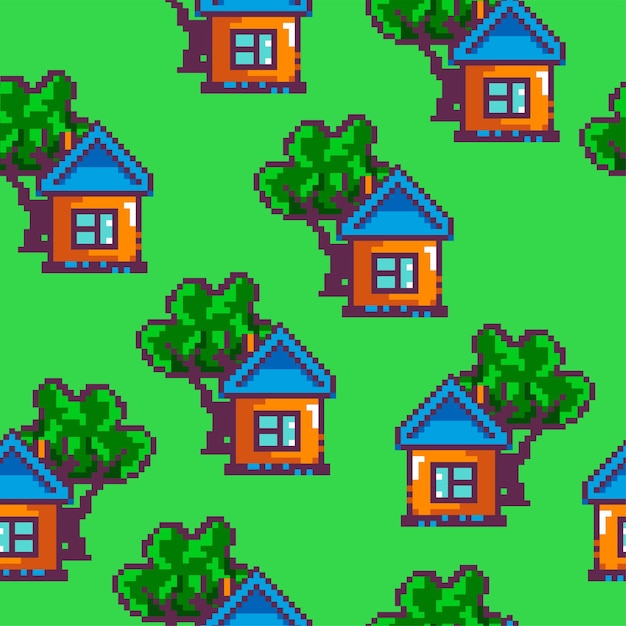 Pixelated house with chimney and tree pattern
