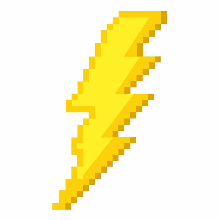 Vector pixelated lightning bolt graphic in yellow retro 8 bit style illustration