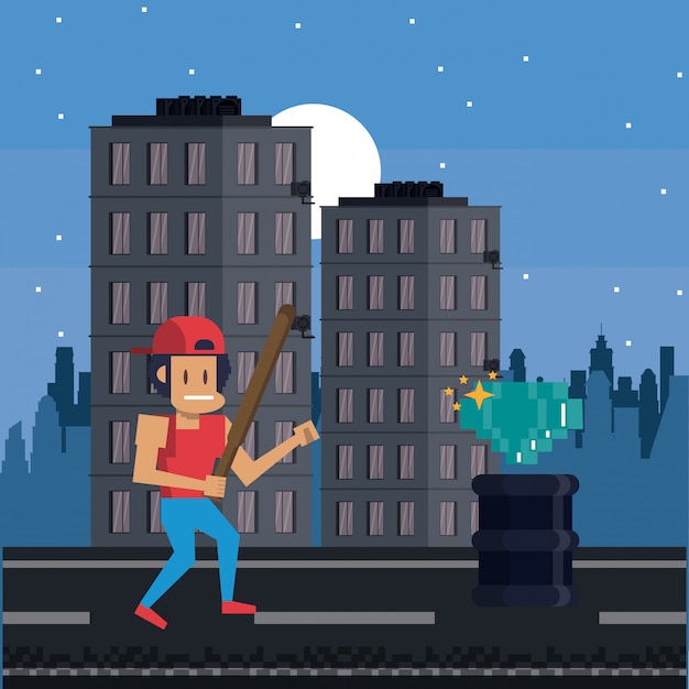 Pixelated urban videogame scenery for fight 