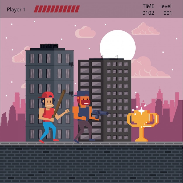 Vector pixelated urban videogame scenery for fight