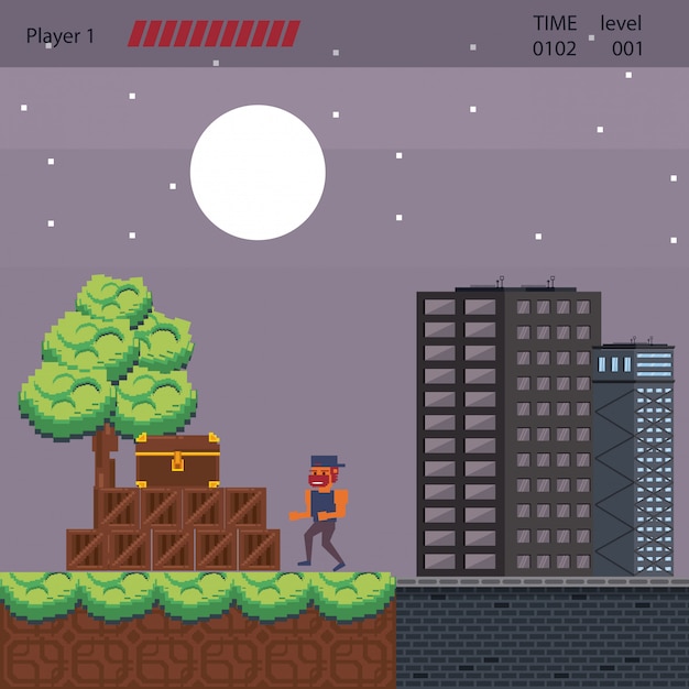 Vector pixelated urban videogame scenery for fight