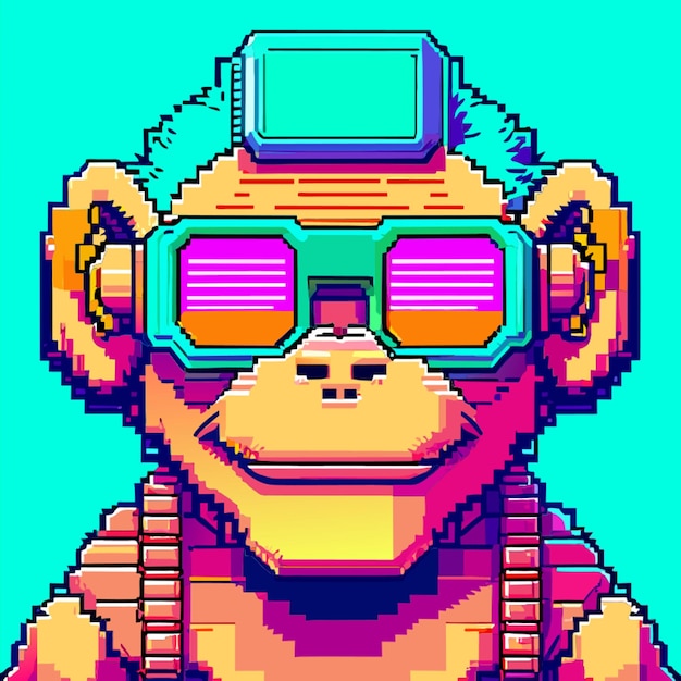 Vector pixelated vector portrait 8bit cute monkey 3d muzzle with glasses smiling broad shoulders all