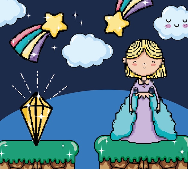 プリンセス漫画とpixelatedビデオゲームのファンタジーの風景