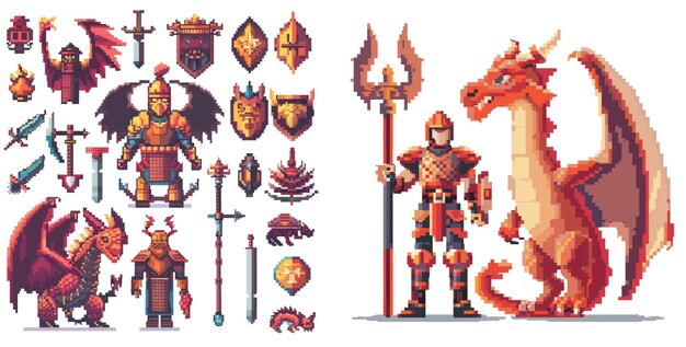 Vector pixelated warrior and 8 bit pixels dragon