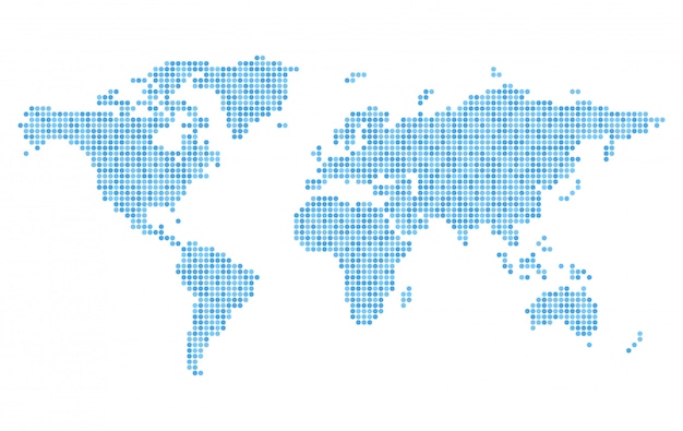 Pixelated world map with blue circle dots