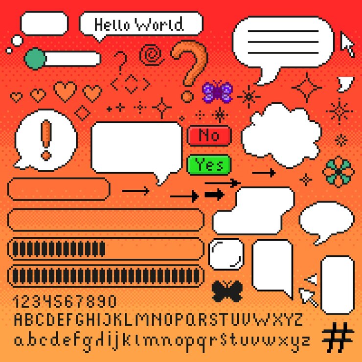 Vector pixeldialoogvenster en andere 8-bits game-interface-elementen tekstballonknoppen