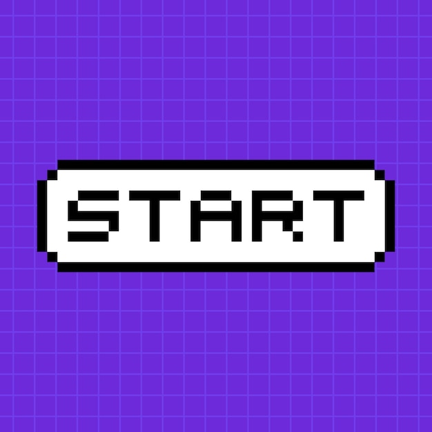 Pixelknop met de inscriptie start in 8bit stijl geïsoleerd op een helder paarse achtergrond een pop-up