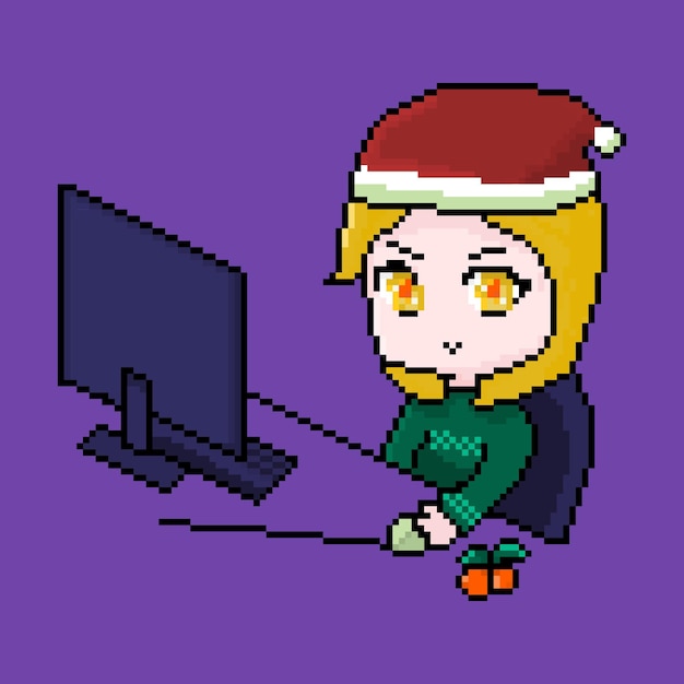 Pixelmeisje met anime-personage in kerststijl in kerststijl