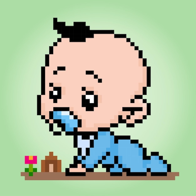 Pixelsの男の子が遊んでいますかわいい赤ちゃんのベクトルイラストが這っています