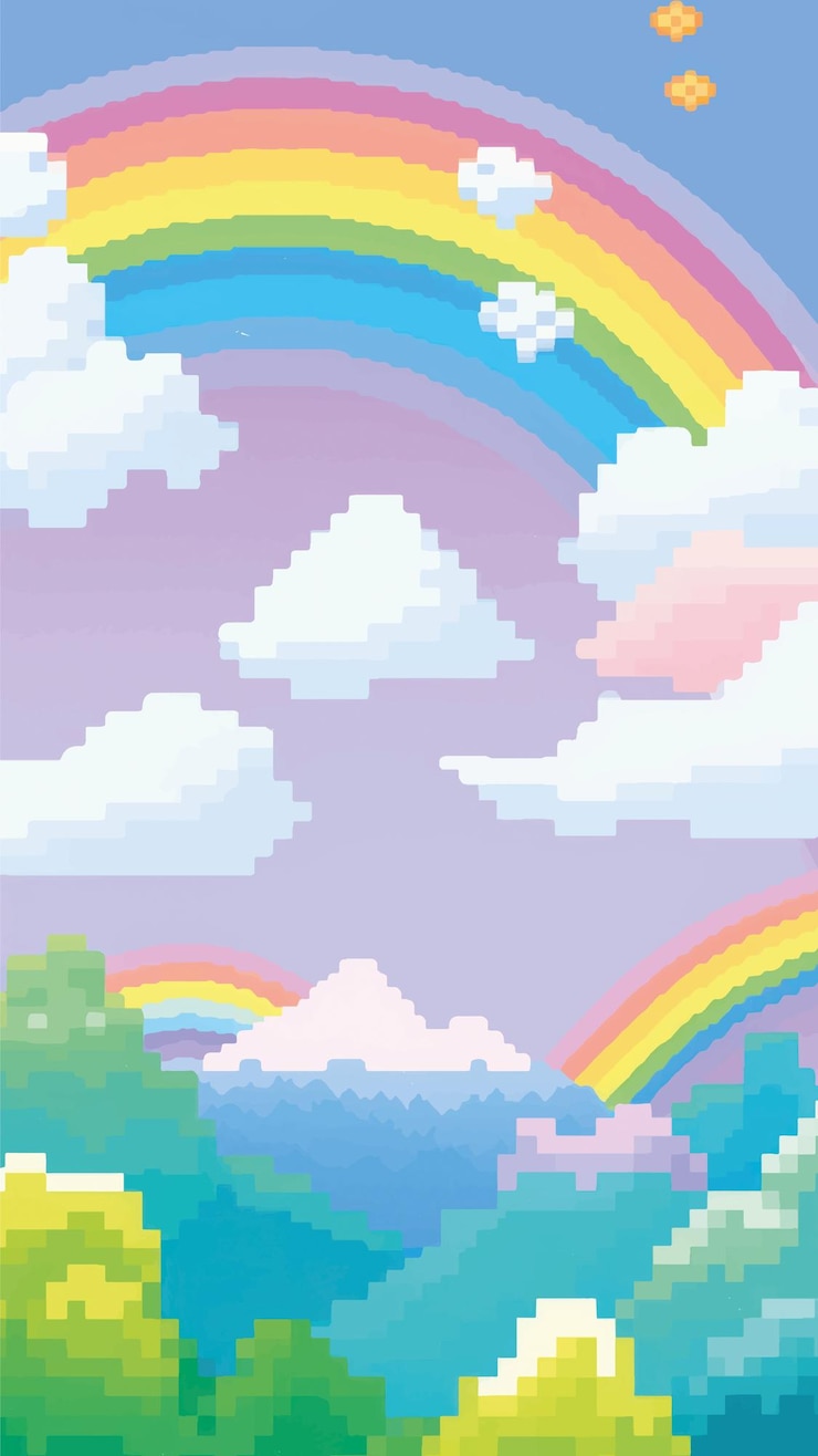 Vector pixelvormige regenbooglandschapshemel