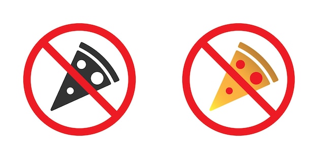 Pizza ban icon Pizza in red crossed out circle No food allowed icon Flat vector illustration