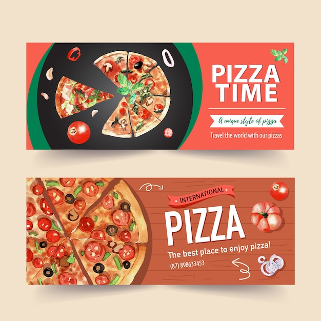 Progettazione dell'insegna della pizza con pizza, pomodoro, illustrazione dell'acquerello della zucca.