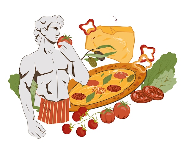 Вектор Баннер пиццы или плакат с итальянской едой и плоским вектором статуи давида микеланджело