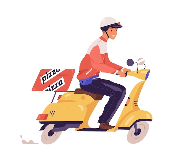 Pizza bezorger rit op scooter platte vectorillustratie. Mannelijke koerier express leveren pizzeria bestelling geïsoleerd op wit. Glimlachende man in beschermende helm draagtas met lekker warm eten.