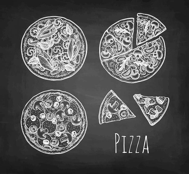 Pizza big set. Chalk sketch on blackboard background.