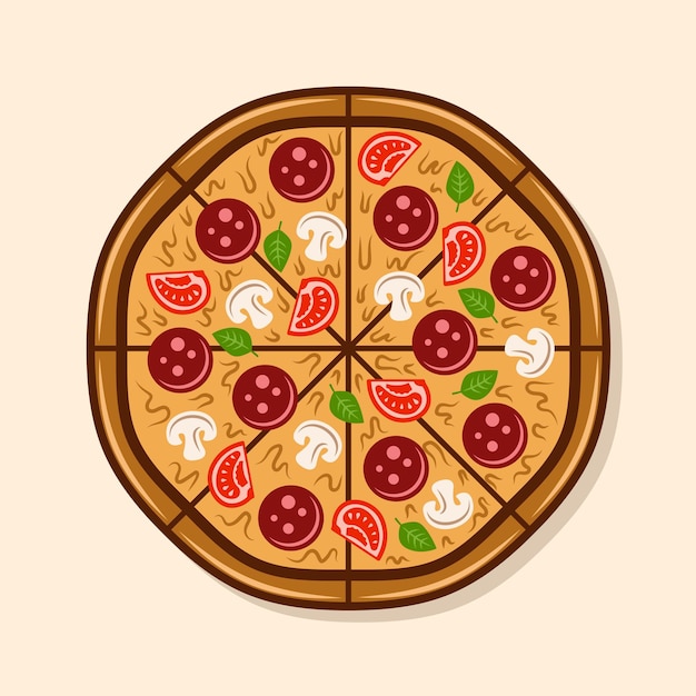 Pizza bovenaanzicht vector gekleurde illustratie geïsoleerd op lichte background